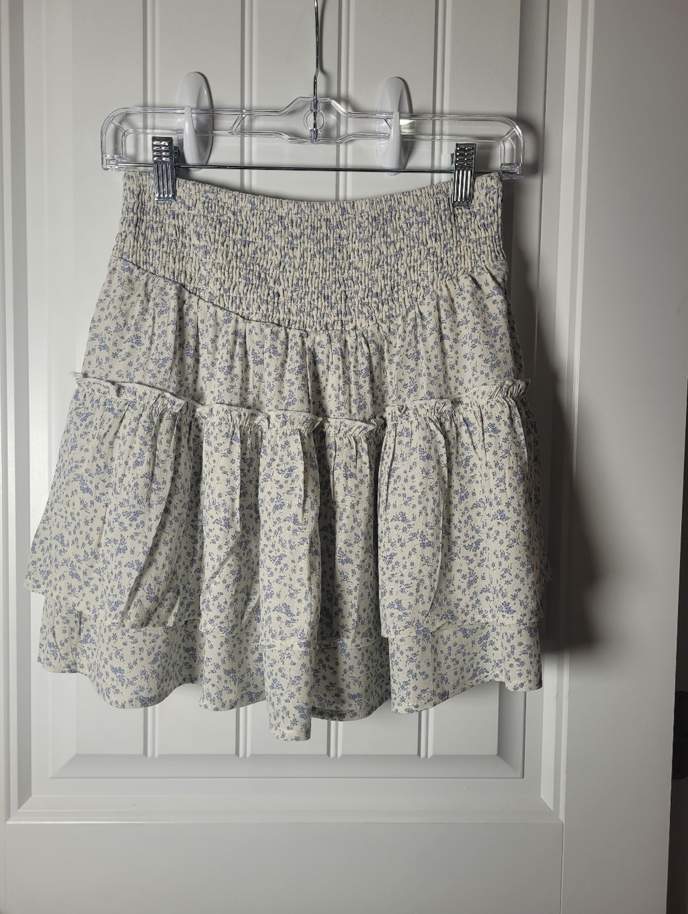 Sienna Sky Cottagecore cream tiered Mini Skort with Blue Floral Print.